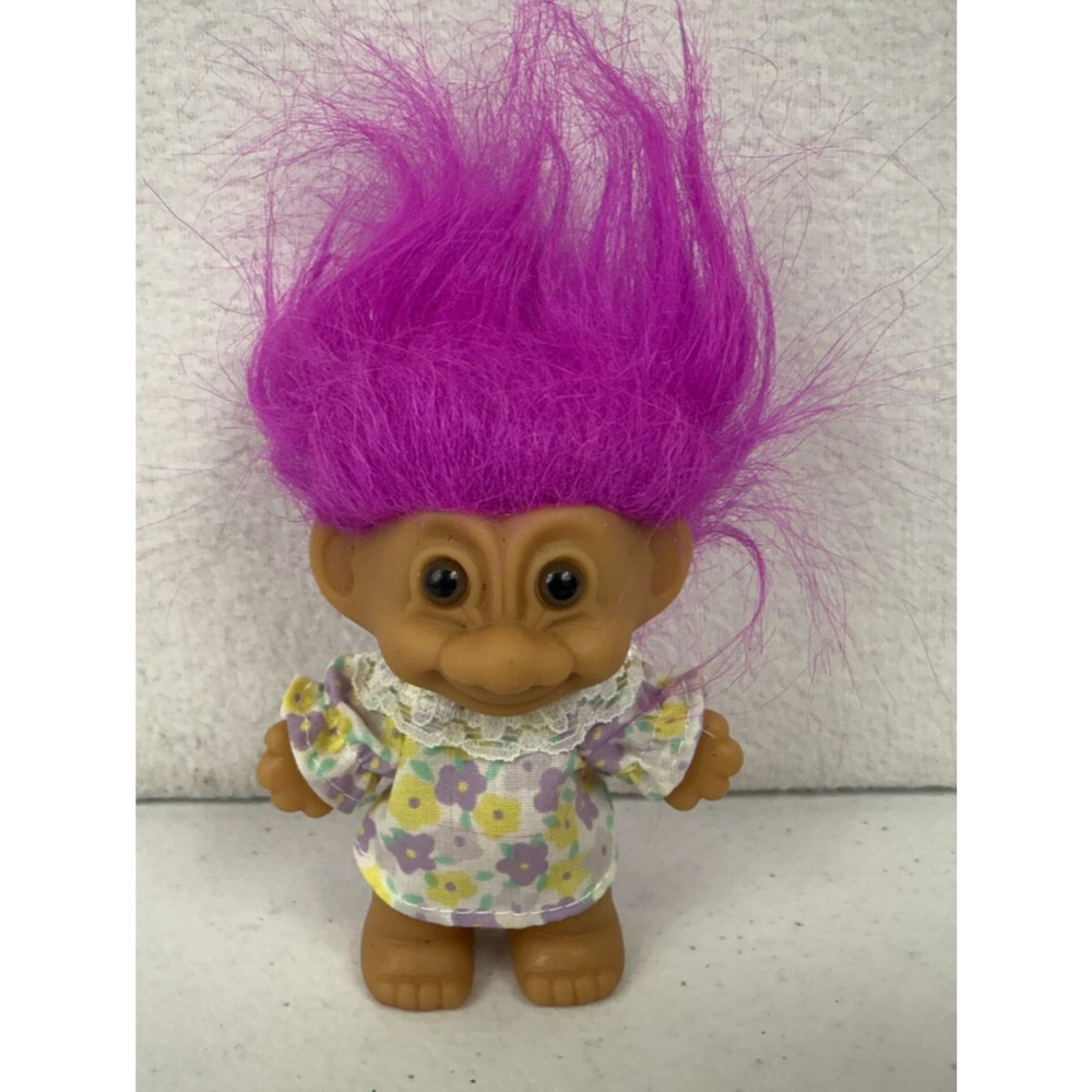 Vintage Russ Berrie 3" Troll purple Hair Flower Floral Dress‎ Spring Summer